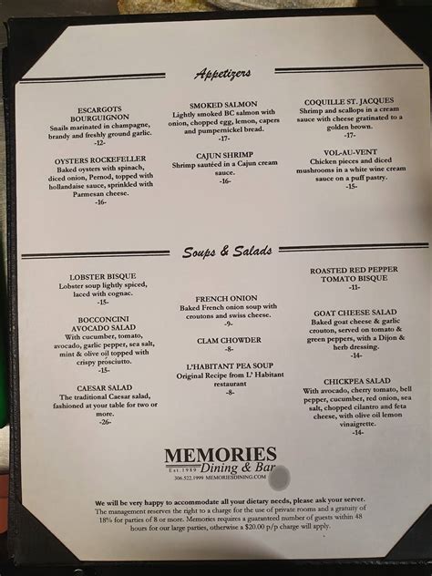 Menu At Memories Dining And Bar Regina