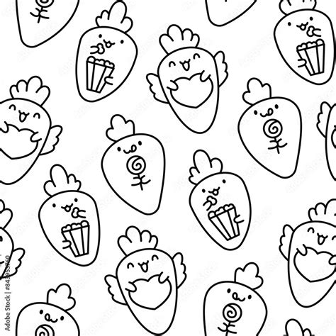 Kawaii Carrot With Funny Faces Seamless Pattern Coloring Page Cute