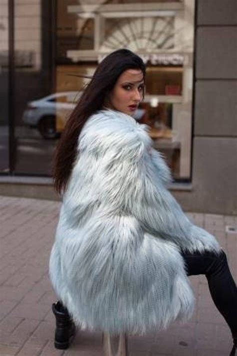 Blue Faux Fur Coat Cloudy Blue Fur Jacket Short Shaggy Coat With Collar Faux Fur Eco Faux