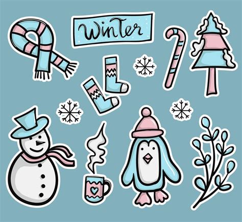 Colorful Hand Drawn Winter Stickers Collection 2024661 Vector Art At