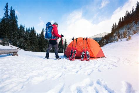 Climber Near The Tent With Snowshoes Stock Photo Image Of Cold