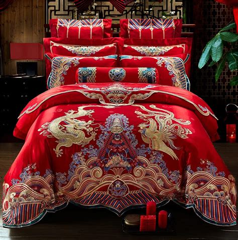 Red Luxury Golden Oriental Phoenix Dragon Embroidery 100 Cotton