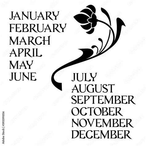 Names of months. Lettering, font. Black color, capital letters ...