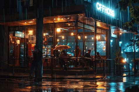 Coffee Shop Exterior At Night With Rainy Atmosphere Premium Ai