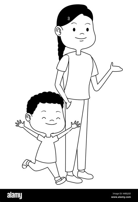 Familia Madre Sola Con Hijos Caricatura En Blanco Y Negro Imagen Vector