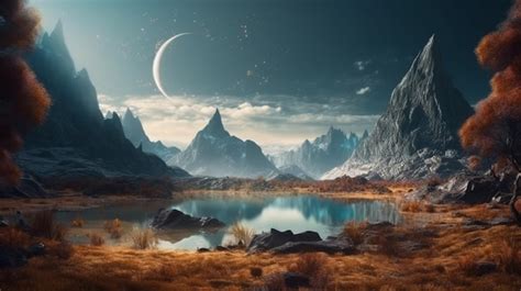 Premium Ai Image Fantasy Landscape With Tree And Full Moon Generative Ai