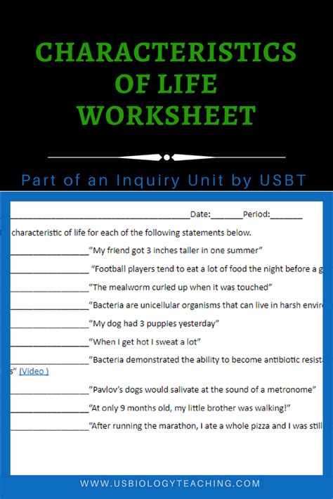 Characteristics of Life Worksheet - USBiologyTeaching.com