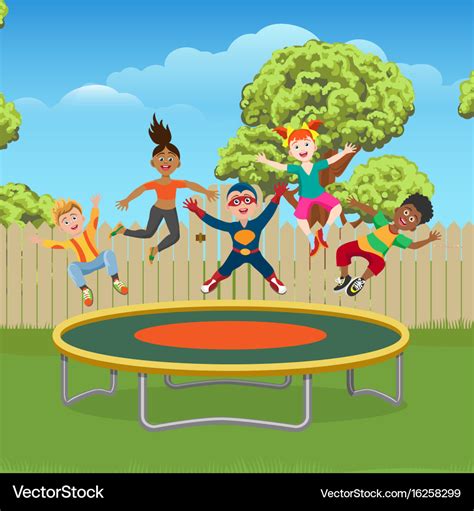 Kids jumping on trampoline in garden Royalty Free Vector