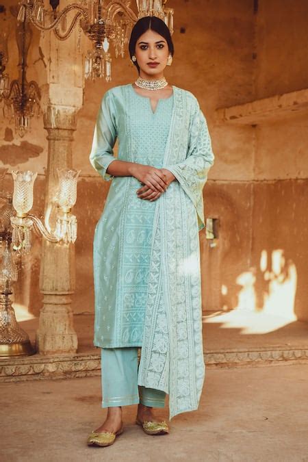 Buy Green Kurta Chanderi Embroidered Thread Notched Pant Set For Women