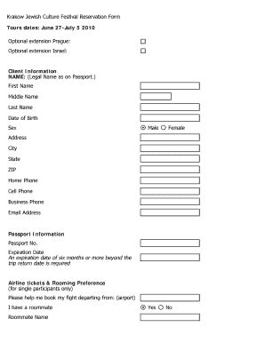 Fillable Online Krakow Jewish Culture Festival Reservation Form Fax