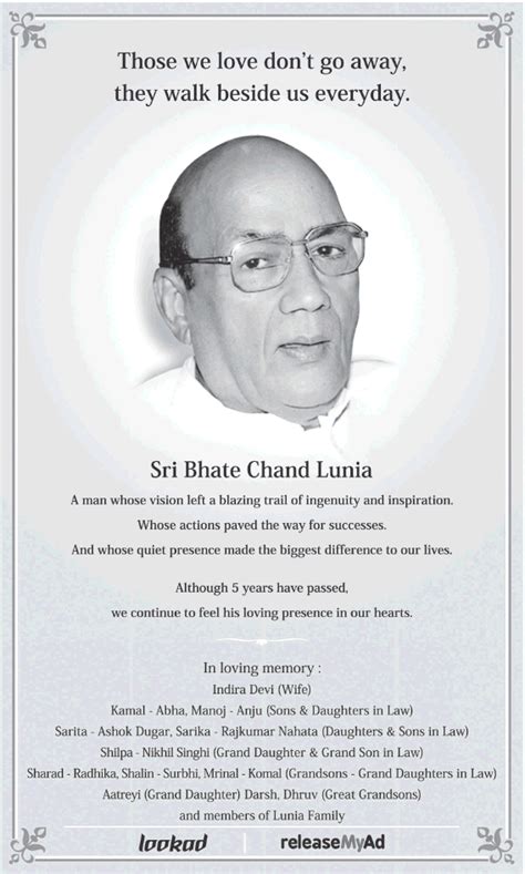 In Loving Memory Sri Bhate Chand Lunia Ad Advert Gallery