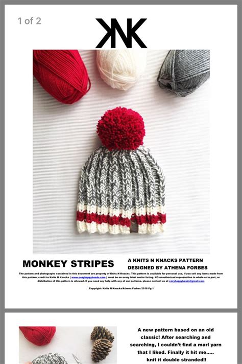 The Knitting Pattern For Monkey Stripes Is Shown In Red White And Grey