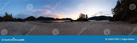 Sandy Beach On Pacific Ocean Coast Panoramic View Sunset Sky Stock