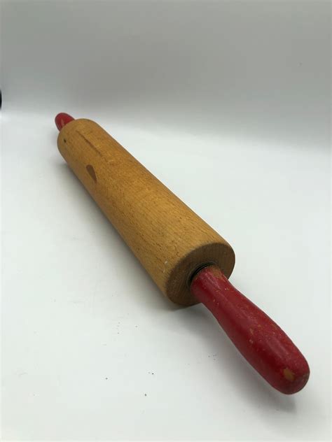 Vintage Wood Rolling Pin Red Handles Rustic Farmhouse Kitchen Etsy