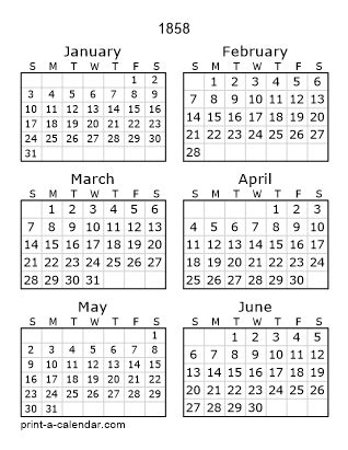 Download 1858 Printable Calendars