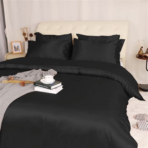 Collection 3 Piece Bridal Satin Silk Solid Color Duvet Cover Set Black Queen