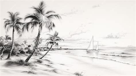 Premium AI Image | Romantic Black and White Beach Drawing with Palm ...