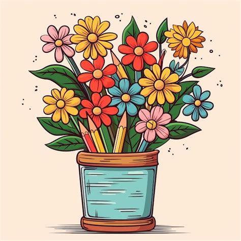 Premium Photo | A drawing of a pot with flowers and pencils in it generative ai