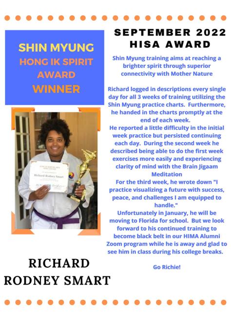 Hong Ik Martial Arts Spirit Award September Winner Of New