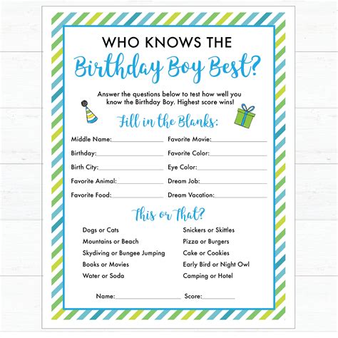 Birthday Party Games Printable Who Knows The Birthday Boy Best Game