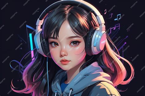 Premium Photo Anime Girl Listens Music On Headphones Portrait Of Teenager Illustration