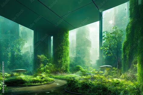 Beautiful Green Nature Garden Environment In A Futuristic City Digital