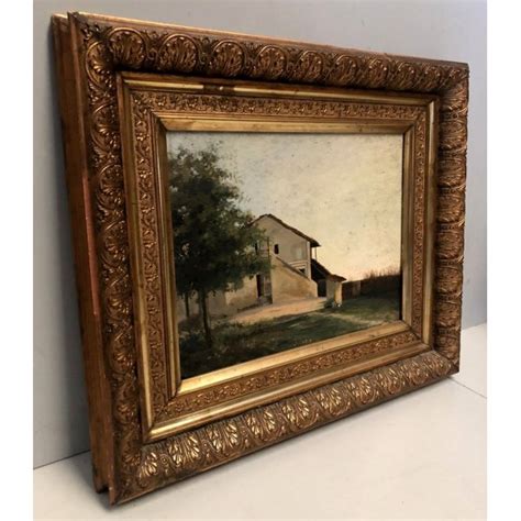 Antico Quadro Dipinto Olio Paesaggio Rurale Cascina Campagna Cortile