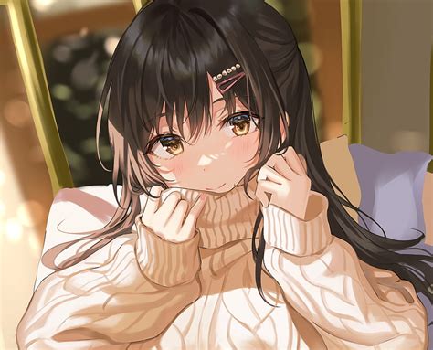 Linda Chica Anime Suéter Cabello Castaño Chica Anime Moe Rubor