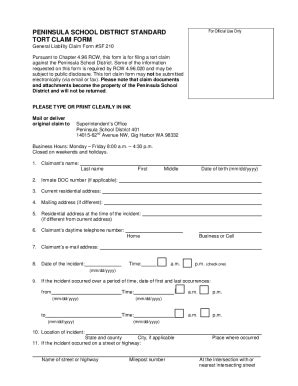 Fillable Online Peninsula School District Standard Tort Claim Form