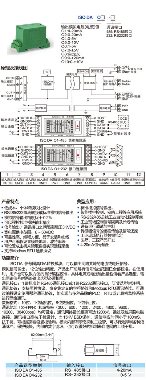 2、rs232485转4 20ma0 10v智能传感器 数字信号转模拟da智能变送器： Iso Da系列 总线数据采集器ad模数转换