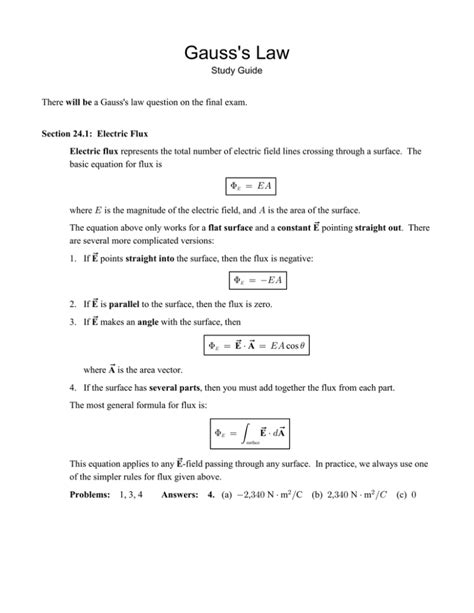 Gauss S Law Study Guide Electric Flux Applications