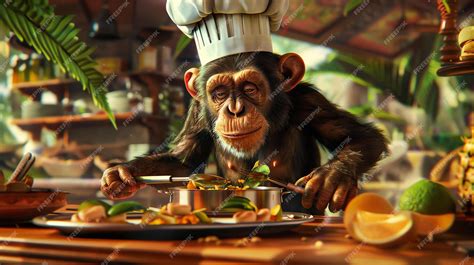 Premium Photo A Chimpanzee Wearing A Chefs Hat Is Cooking In A Kitchen