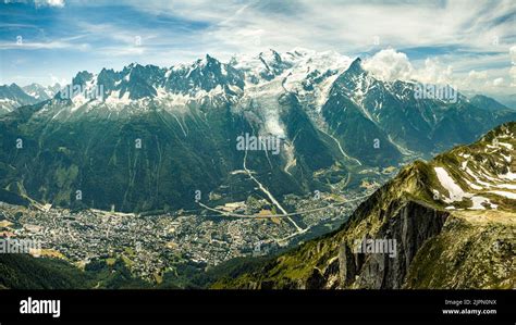 Panoramic view of Mont Blanc, 4810 m, France - Chamonix below. Captured ...