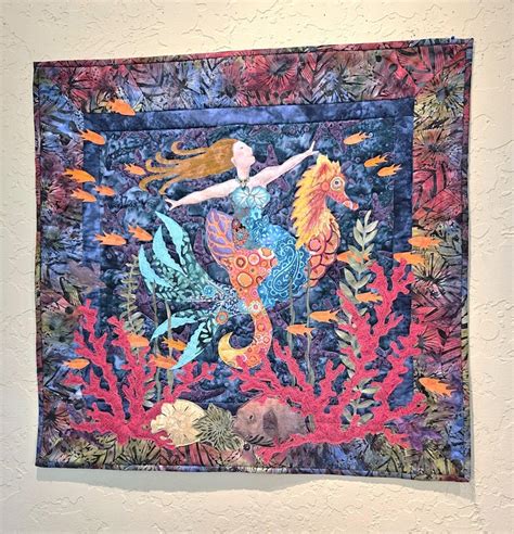 Mermaid Art Quilt Appliqued Quilted Wall Hanging With Mermaid Riding A