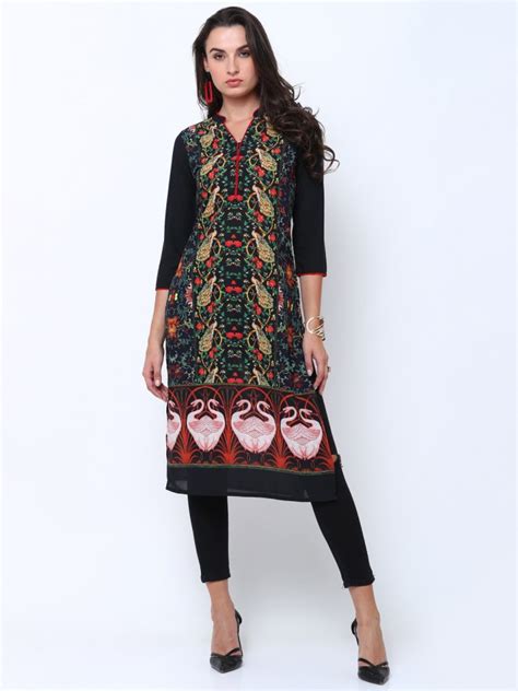 Buy Vishudh Navy Blue Black Ethnic Motifs Printed Straight Kurta For