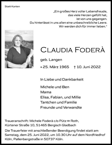 Traueranzeigen Von Claudia Fodera Wirtrauern