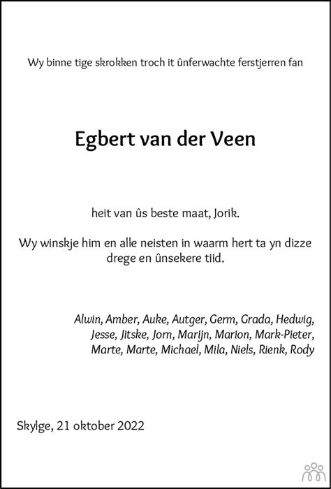 Egbert En Riemer Van Der Veen Overlijdensbericht En