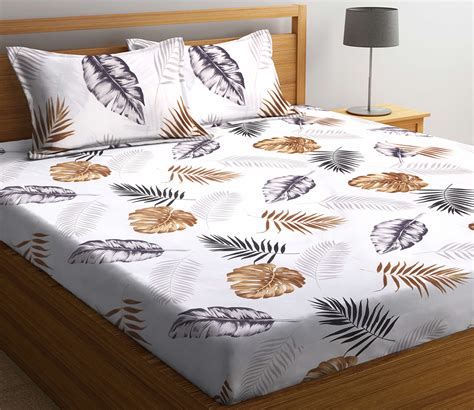 Buy White Leaf Floral Tc Polycotton Double Bedsheet With Pillow