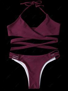 Strappy Halter Wrap Bikini Set PURPLISH RED Bikinis S ZAFUL