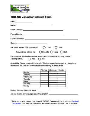 Fillable Online Tbb Nc TBB NC Volunteer Interest Form Fax Email Print