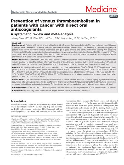 Pdf Prevention Of Venous Thromboembolism In Patients With Cancer With Direct Oral