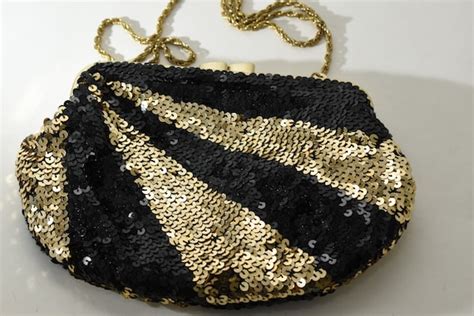 Vintage La Reagle Black Gold Sequin Evening Bag V Gem