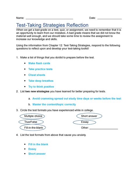 Test Taking Strategies Reflection Assignment Name Date Test Taking