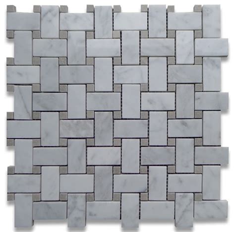 White Carrara Marble Basketweave With Grey Dots Polished Mosaic Tile