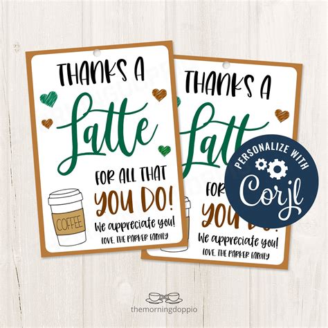 Printable Editable Thanks A Latte Coffee Tag For Teachers Etsy