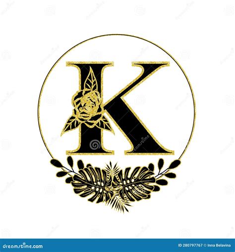 Floral Alphabet Letter K Gold Monogram Letter In Frame Botanical Alphabet Wedding Monogram