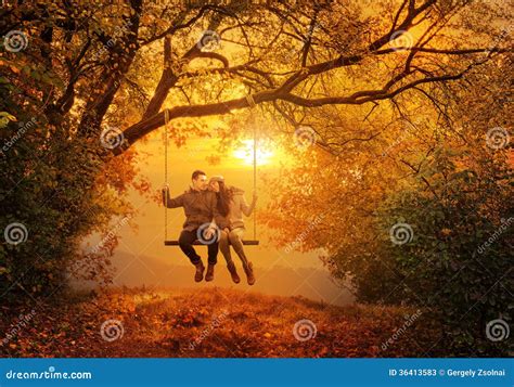 Romantic Couple Swing In The Autumn Park Stock Image Image Of Fall