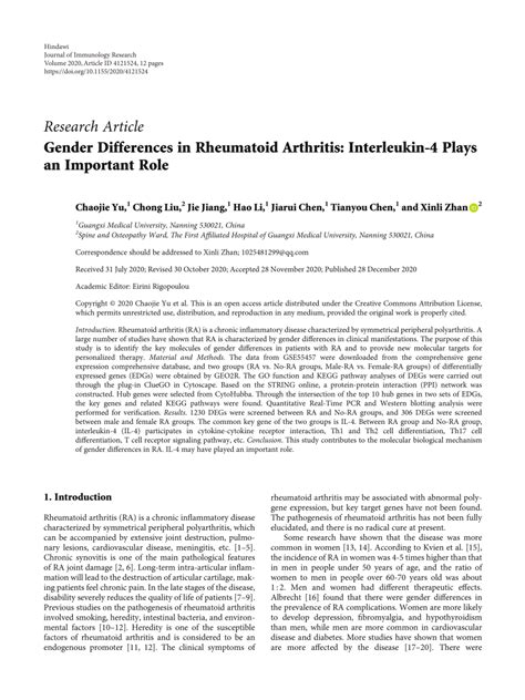 Pdf Gender Differences In Rheumatoid Arthritis Interleukin 4 Plays An Important Role