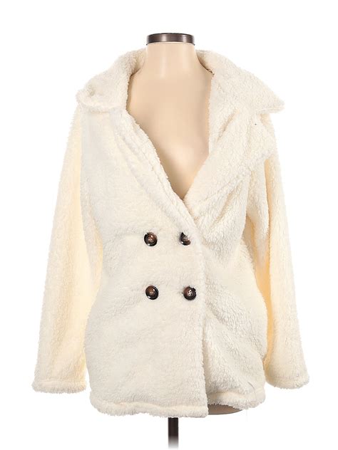 Prettygarden 100 Polyester Solid Ivory Faux Fur Jacket Size S 64