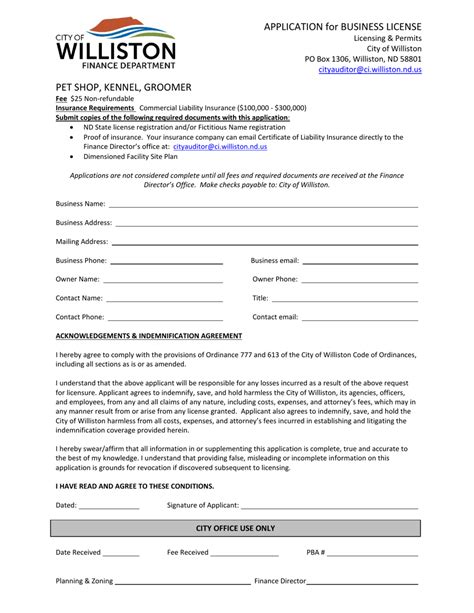 City Of Williston North Dakota Application For Business License Pet